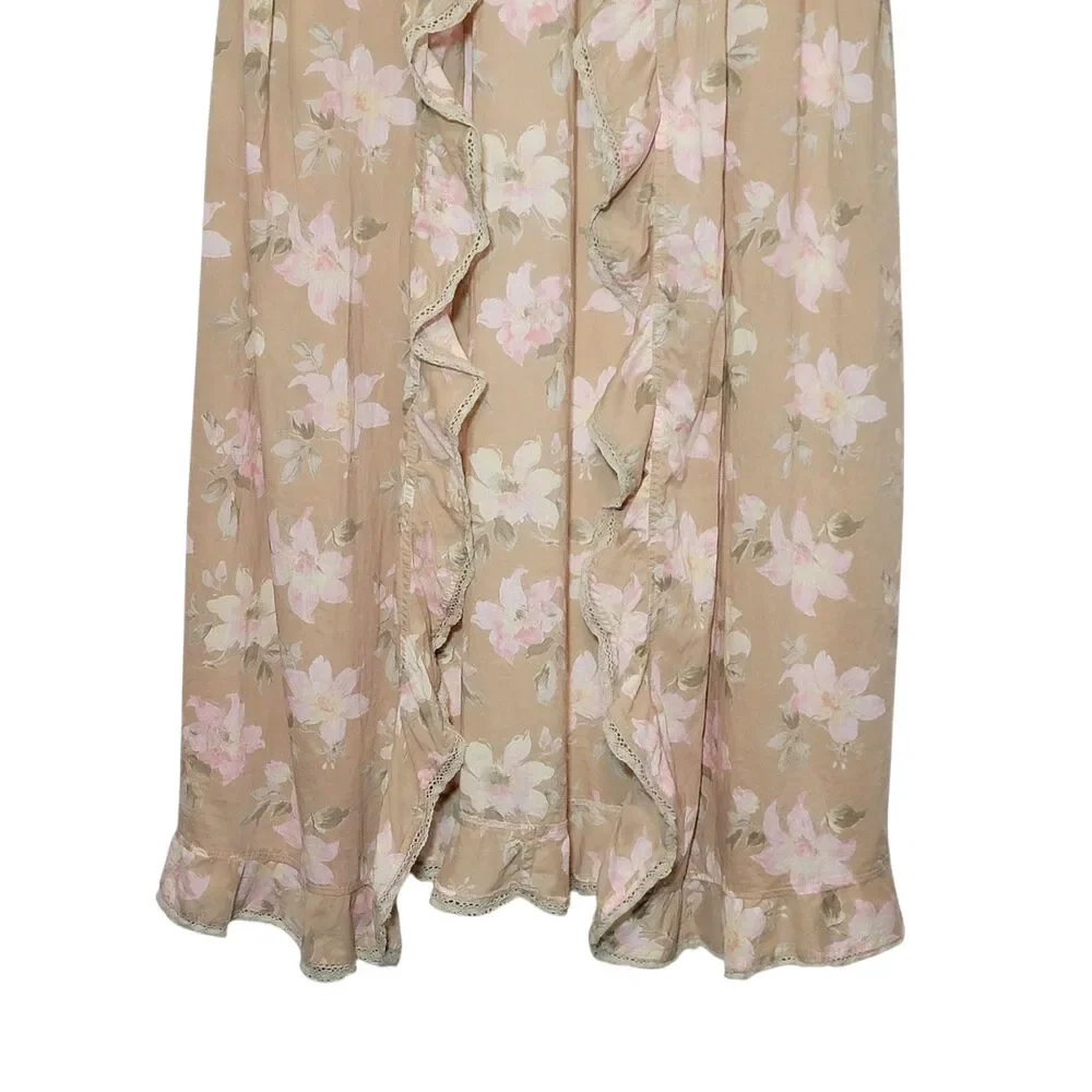 Fleurette Floral Cotton Kimono Robe Ruffle Tie Waist Maxi Beige Pink Romantic S - Picture 8 of 13